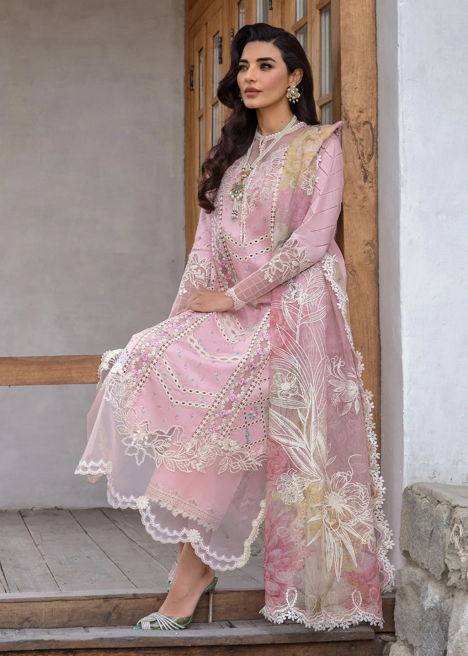 Crimson | Lawn 2024 | A Floral Mesh - Rose Pink - Aqsa Fabrics