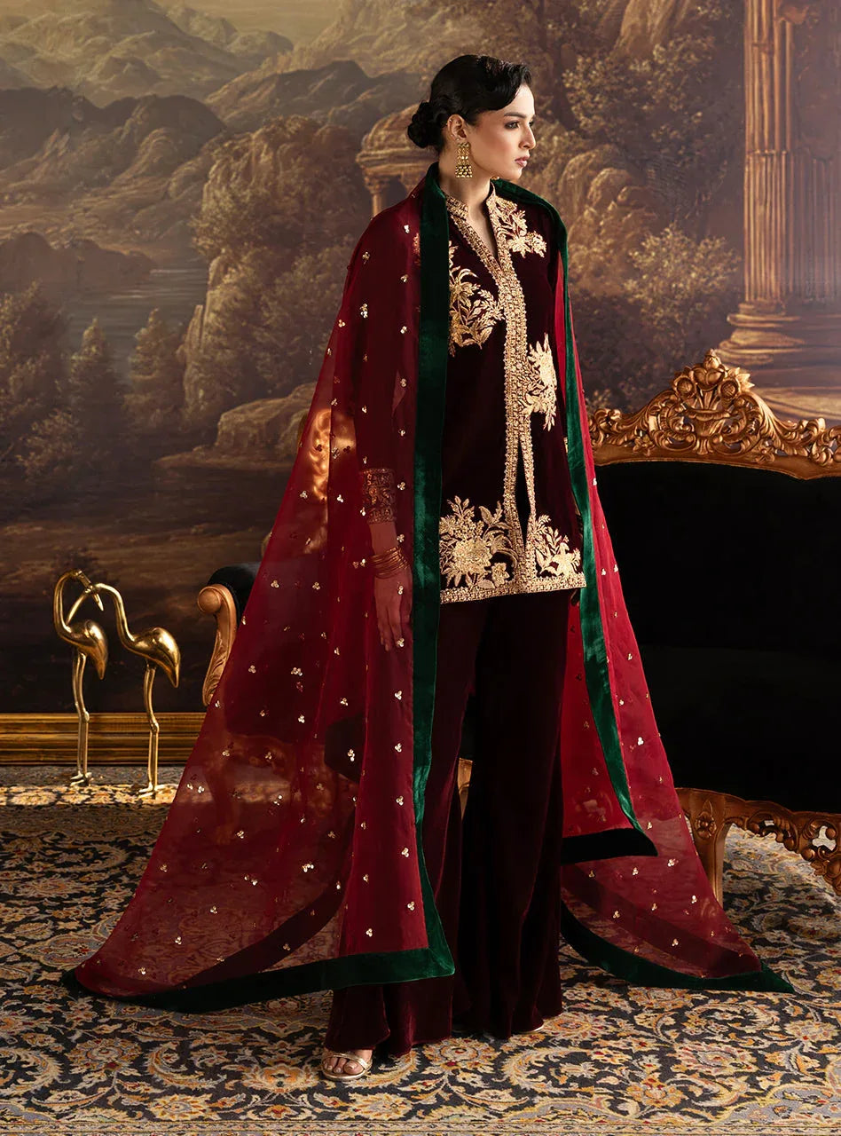 Zainab Chottani | Velura Velvet Edit 25 | Claret Flared Pants - Aqsa Fabrics
