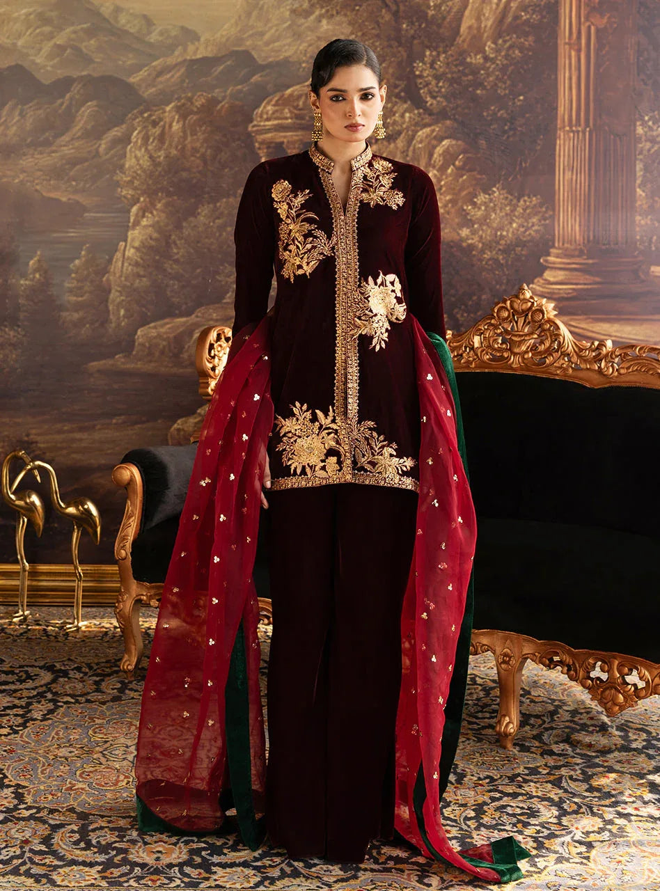 Zainab Chottani | Velura Velvet Edit 25 | Claret Flared Pants - Aqsa Fabrics