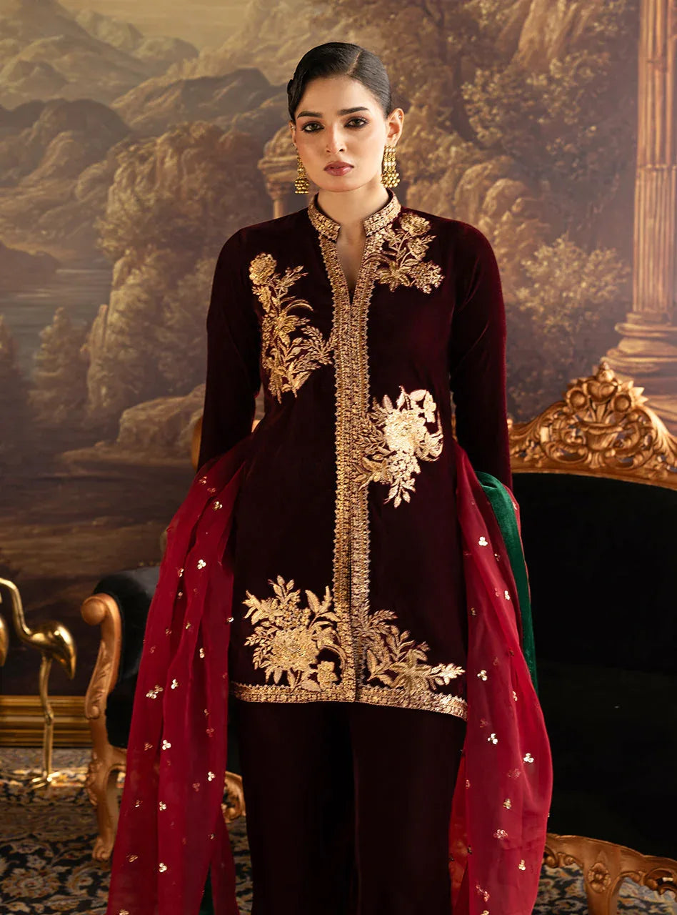 Zainab Chottani | Velura Velvet Edit 25 | Claret Farshi - Aqsa Fabrics