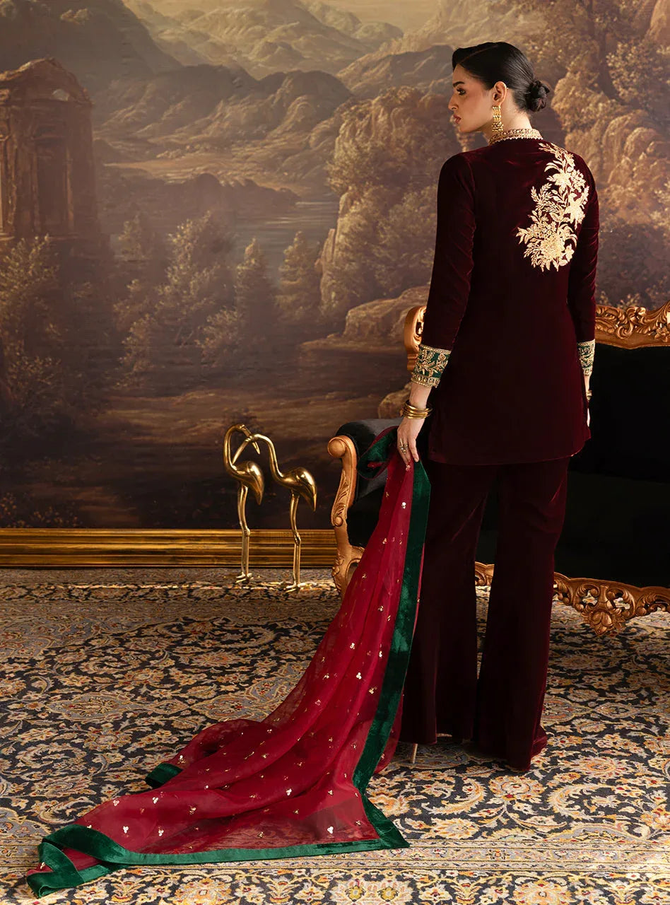Zainab Chottani | Velura Velvet Edit 25 | Claret Flared Pants - Aqsa Fabrics