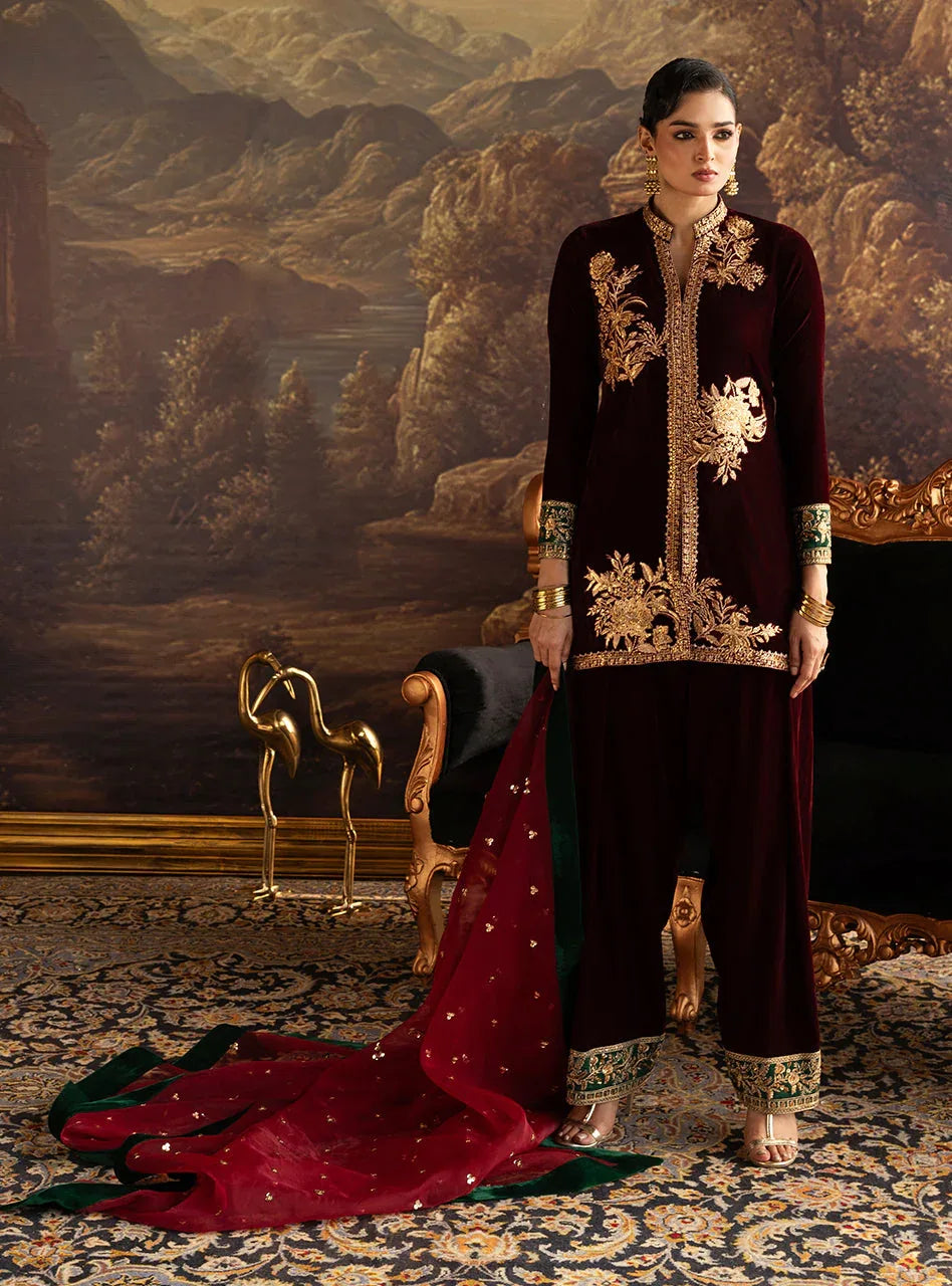 Zainab Chottani | Velura Velvet Edit 25 | Claret Farshi - Aqsa Fabrics