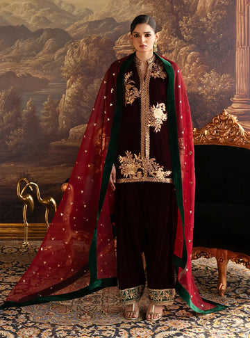 Zainab Chottani | Velura Velvet Edit 25 | Claret Farshi - Aqsa Fabrics