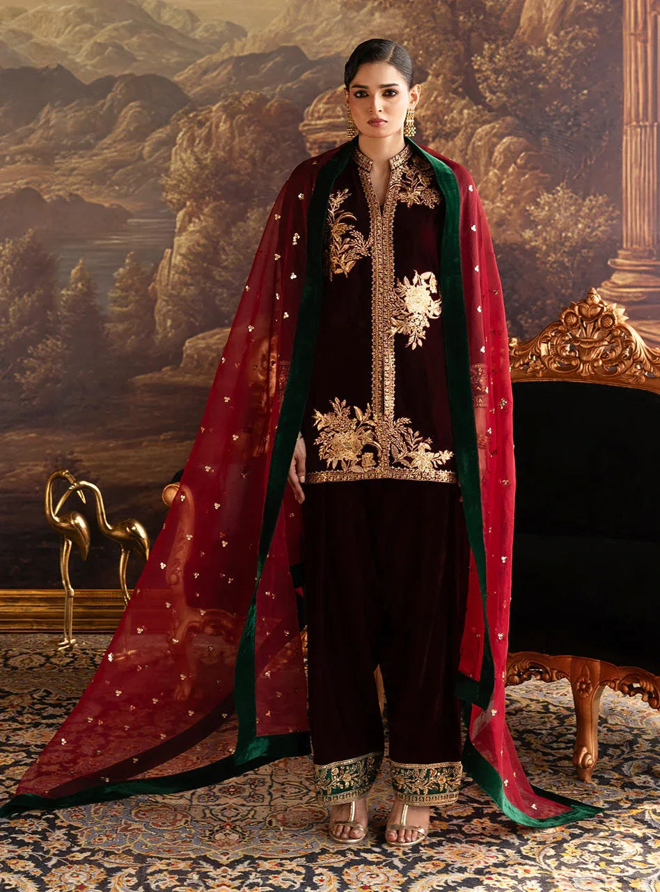 Zainab Chottani | Velura Velvet Edit 25 | Claret Farshi - Aqsa Fabrics