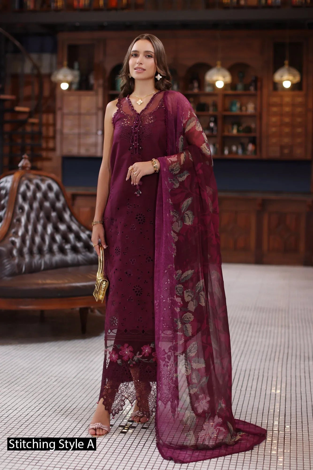Noor by Saadia Asad | Eid Luxury Schiffli Laserkari 25 | D12- Plum - Aqsa Fabrics