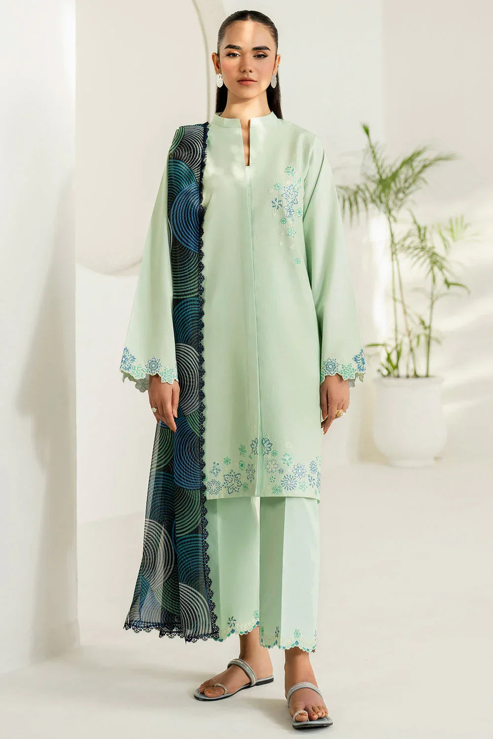 Farasha | Thread Lines Embroidered | Green Meadow - Aqsa Fabrics
