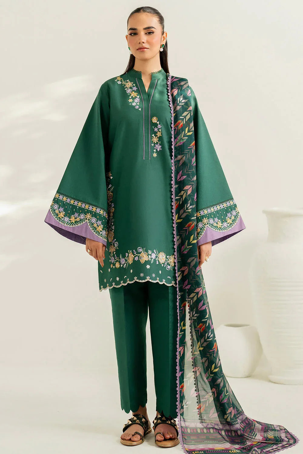 Farasha | Thread Lines Embroidered | Deep Pine - Aqsa Fabrics