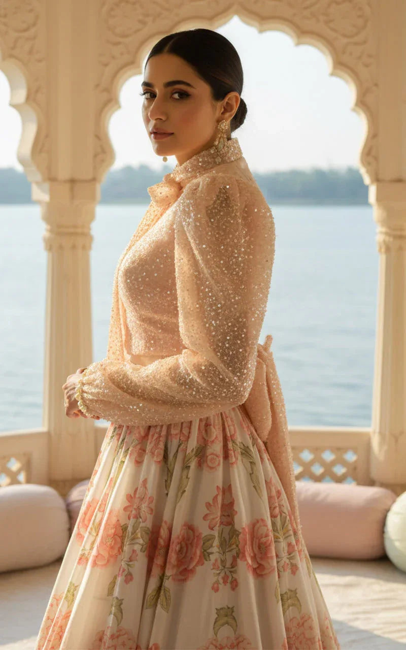 Embellished Blouse With Printed Lehenga