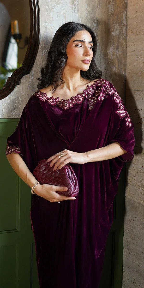 Erum Khan | Velvet Wisper | Wine Whisper - Aqsa Fabrics
