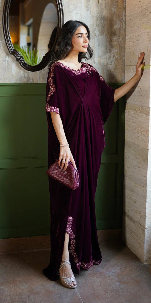 Erum Khan | Velvet Wisper | Wine Whisper - Aqsa Fabrics