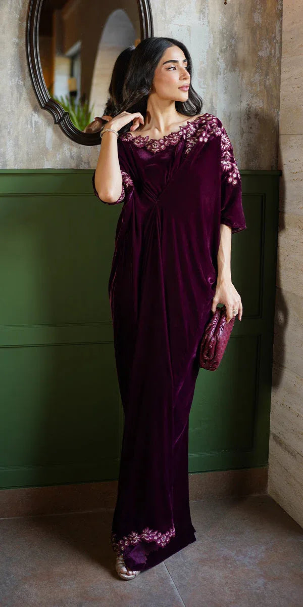 Erum Khan | Velvet Wisper | Wine Whisper - Aqsa Fabrics
