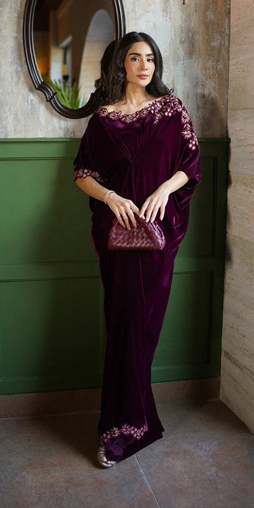 Erum Khan | Velvet Wisper | Wine Whisper - Aqsa Fabrics