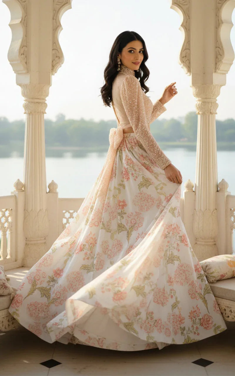Embellished Blouse With Printed Lehenga