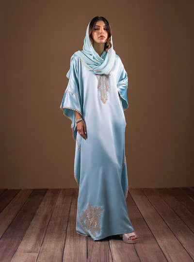 Zainab Chottani | The Kaftan Edit | Aqua Blossom - Aqsa Fabrics