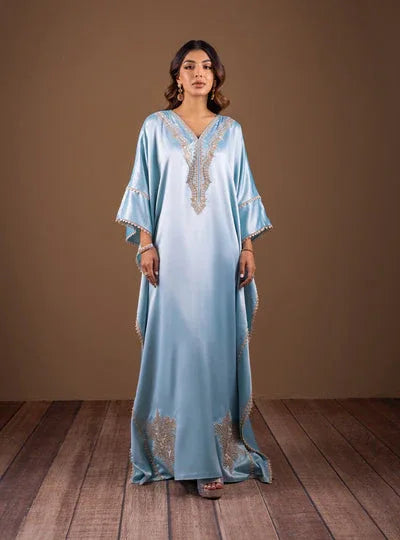Zainab Chottani | The Kaftan Edit | Aqua Blossom - Aqsa Fabrics