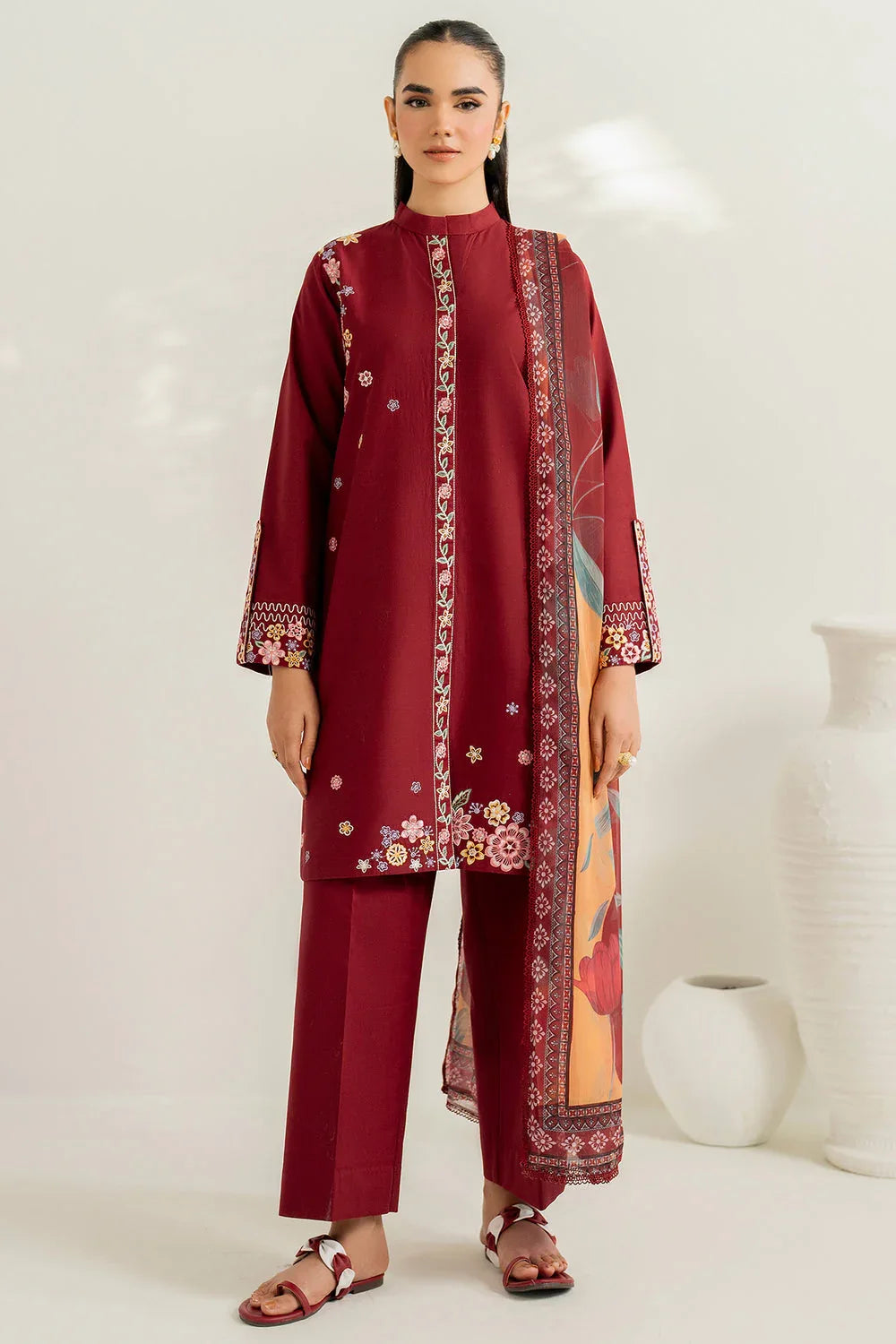 Farasha | Thread Lines Embroidered | Maroon Muse - Aqsa Fabrics