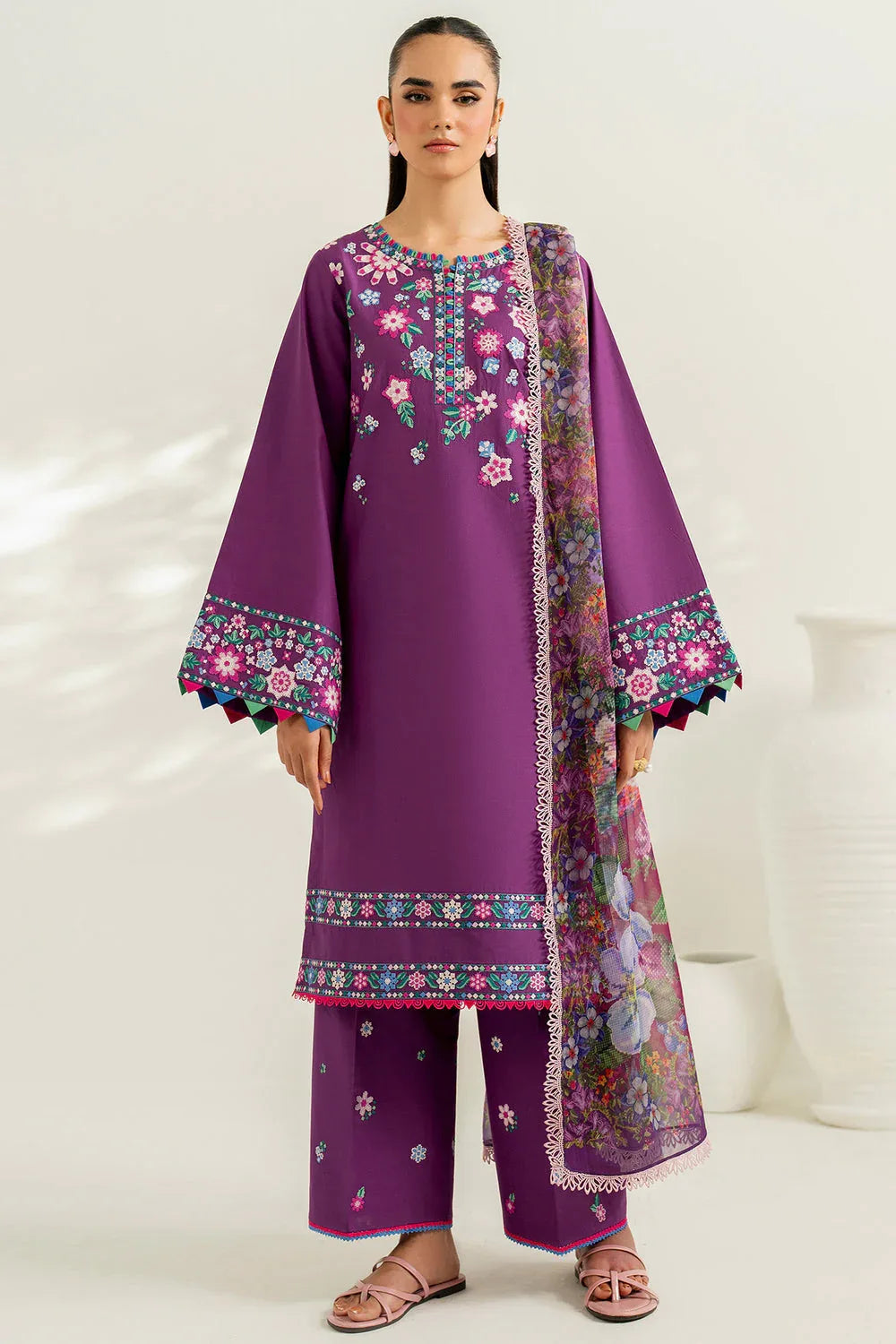 Farasha | Thread Lines Embroidered | Violet Spring - Aqsa Fabrics