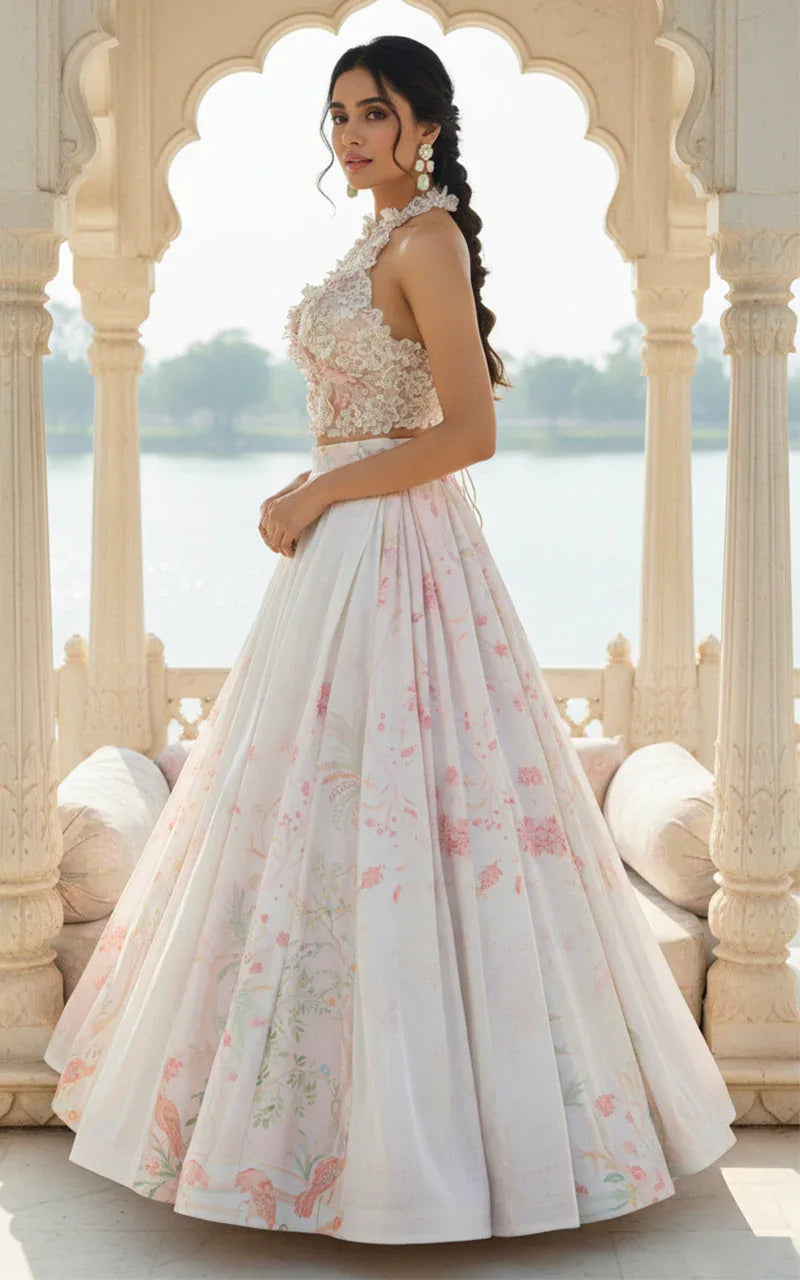 Embellished Blouse With Printed Lehenga