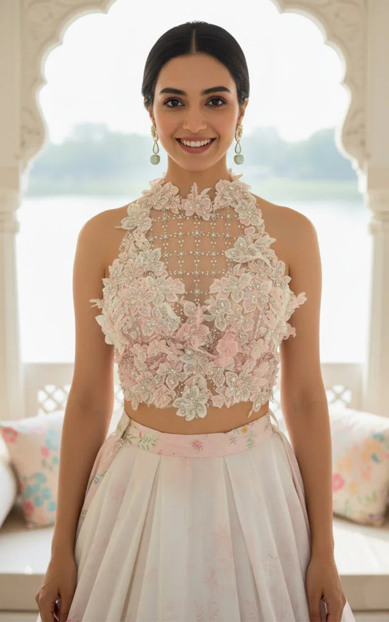 Embellished Blouse With Printed Lehenga