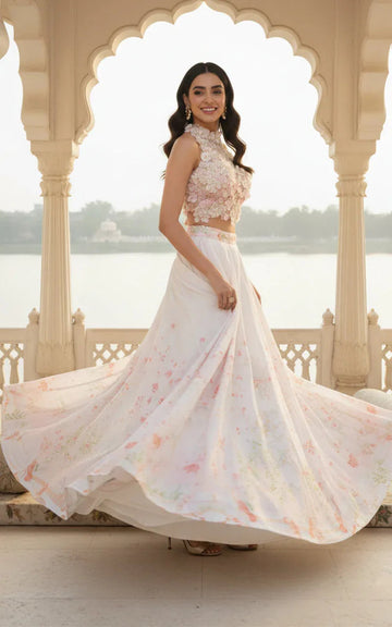 Embellished Blouse With Printed Lehenga