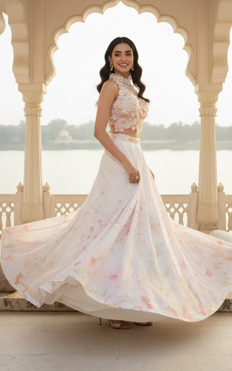 Embellished Blouse With Printed Lehenga