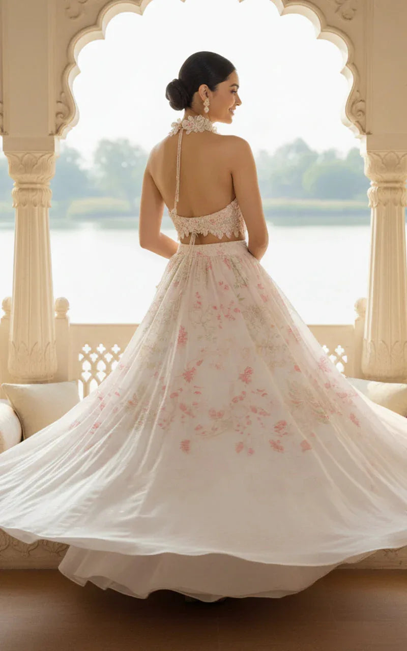 Embellished Blouse With Printed Lehenga