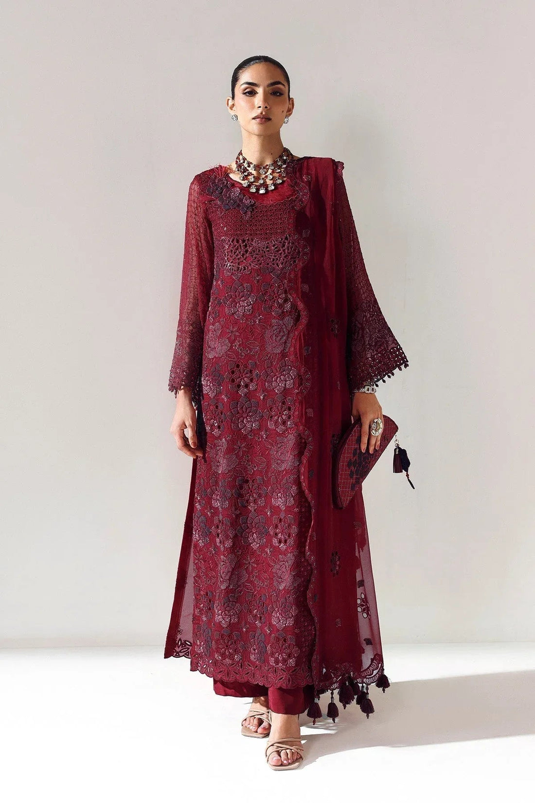 Alizeh | Aymal Luxury Bamber Chiffon | RIKA MAROON - Aqsa Fabrics
