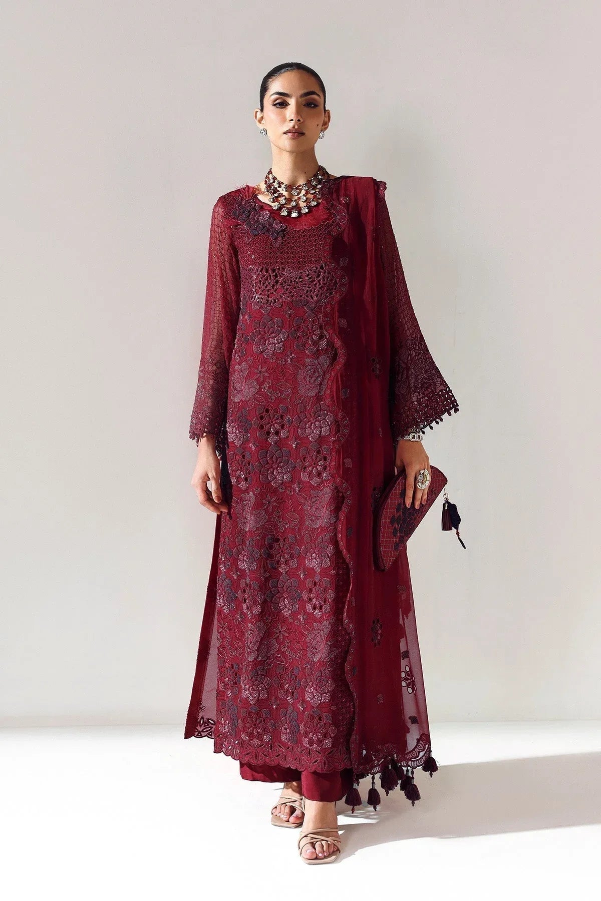Alizeh | Aymal Luxury Bamber Chiffon | RIKA MAROON - Aqsa Fabrics