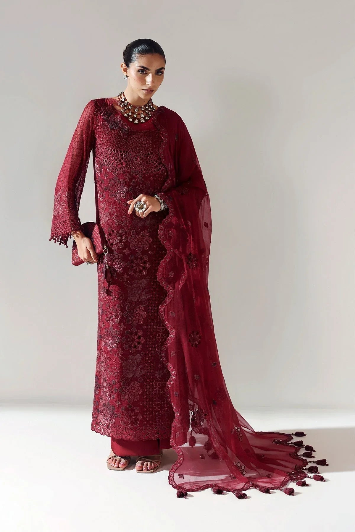 Alizeh | Aymal Luxury Bamber Chiffon | RIKA MAROON - Aqsa Fabrics