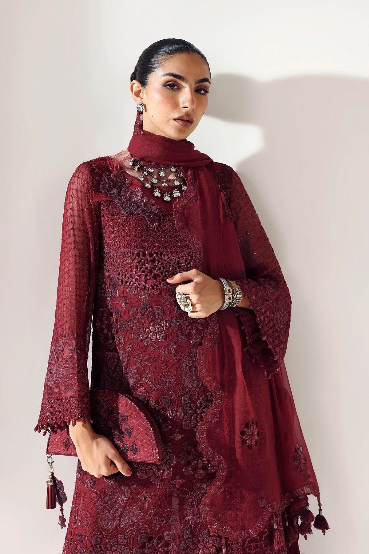 Alizeh | Aymal Luxury Bamber Chiffon | RIKA MAROON - Aqsa Fabrics