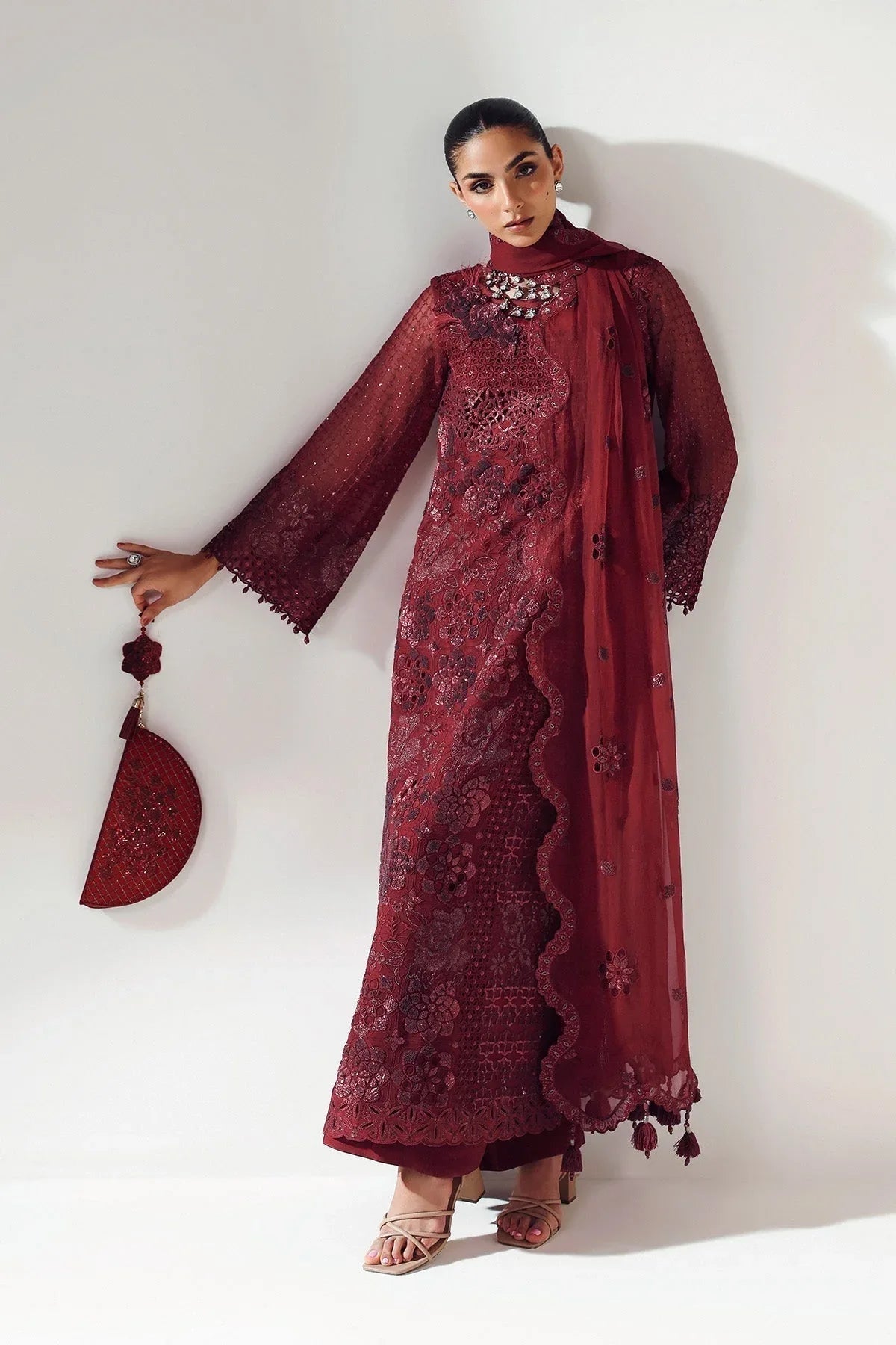Alizeh | Aymal Luxury Bamber Chiffon | RIKA MAROON - Aqsa Fabrics