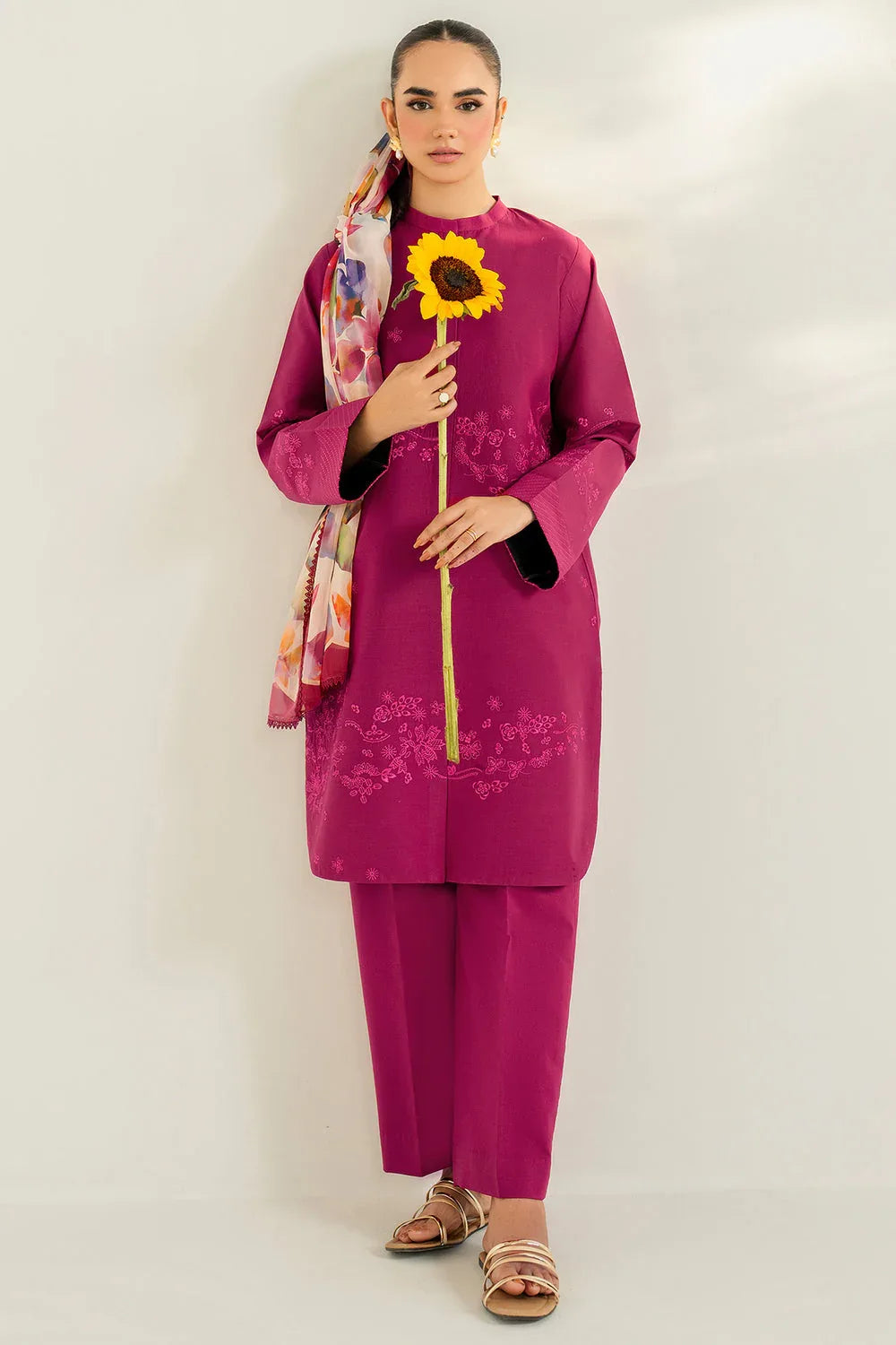 Farasha | Thread Lines Embroidered | Fuchsia Fern - Aqsa Fabrics