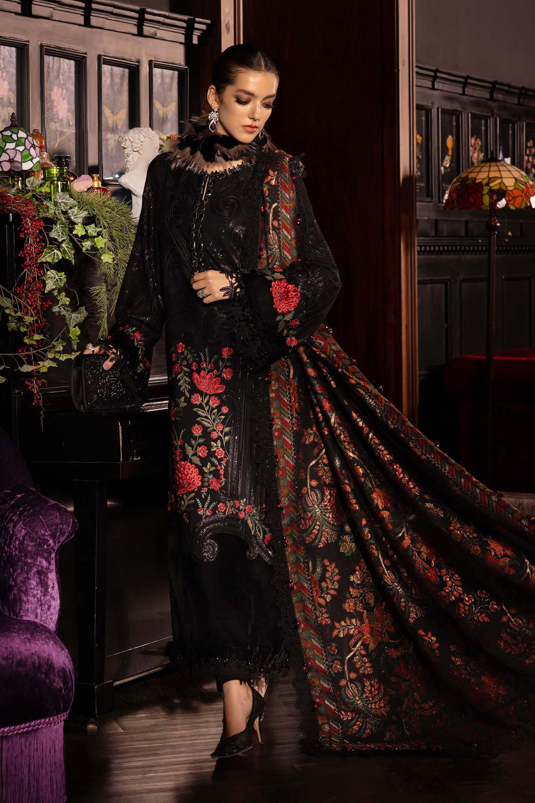 3 Piece Embroidered Linen Suit - Aqsa Fabrics