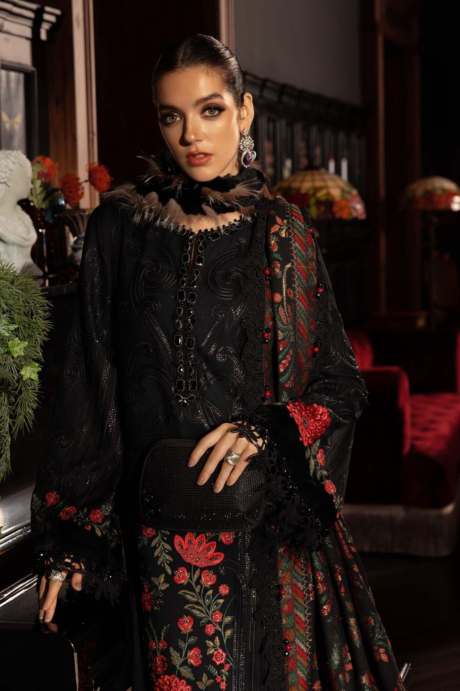 3 Piece Embroidered Linen Suit - Aqsa Fabrics