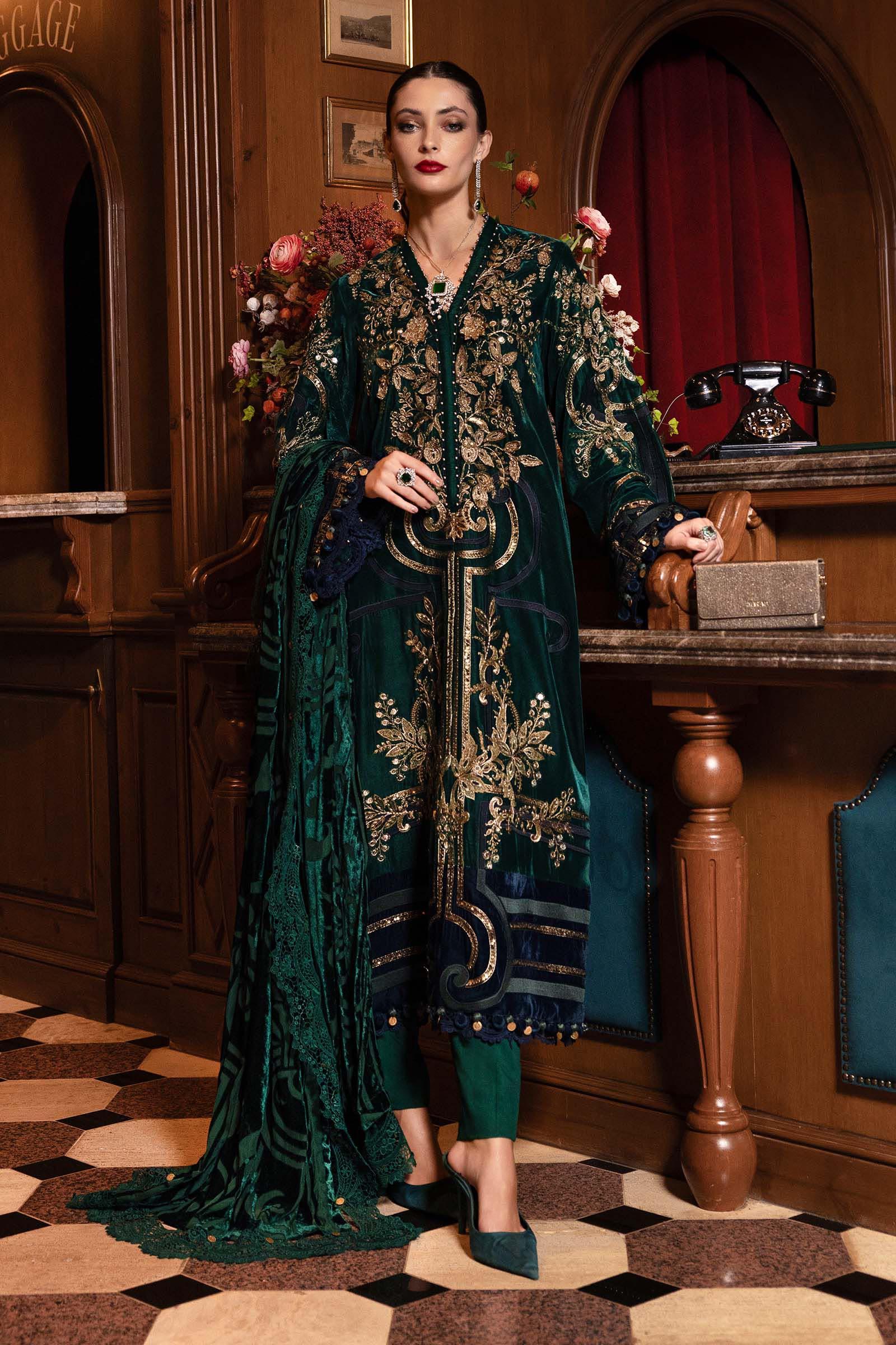 3 Piece Embroidered Velvet Suit - Aqsa Fabrics