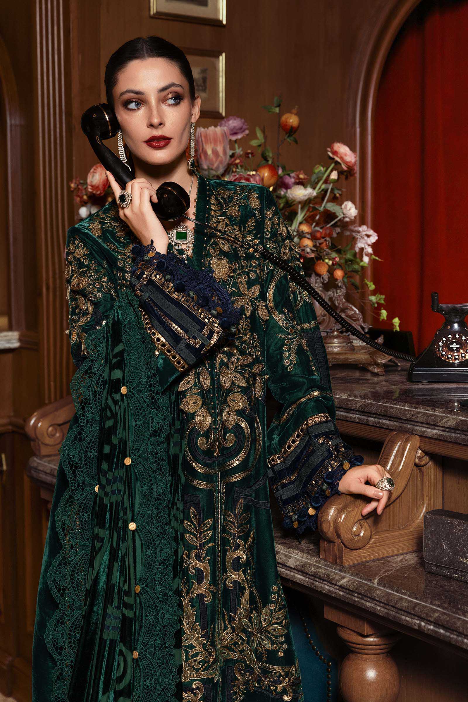3 Piece Embroidered Velvet Suit - Aqsa Fabrics