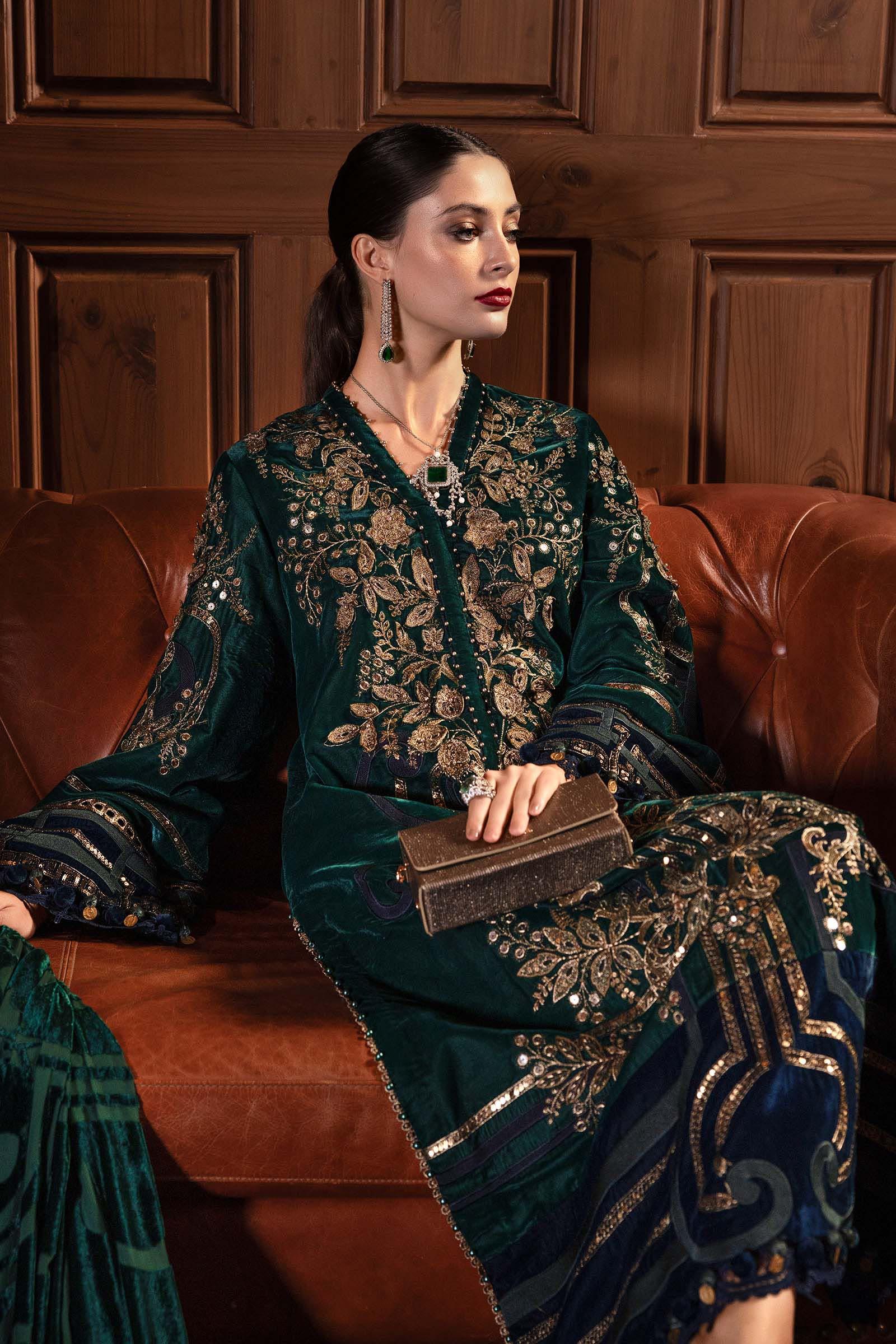 3 Piece Embroidered Velvet Suit - Aqsa Fabrics
