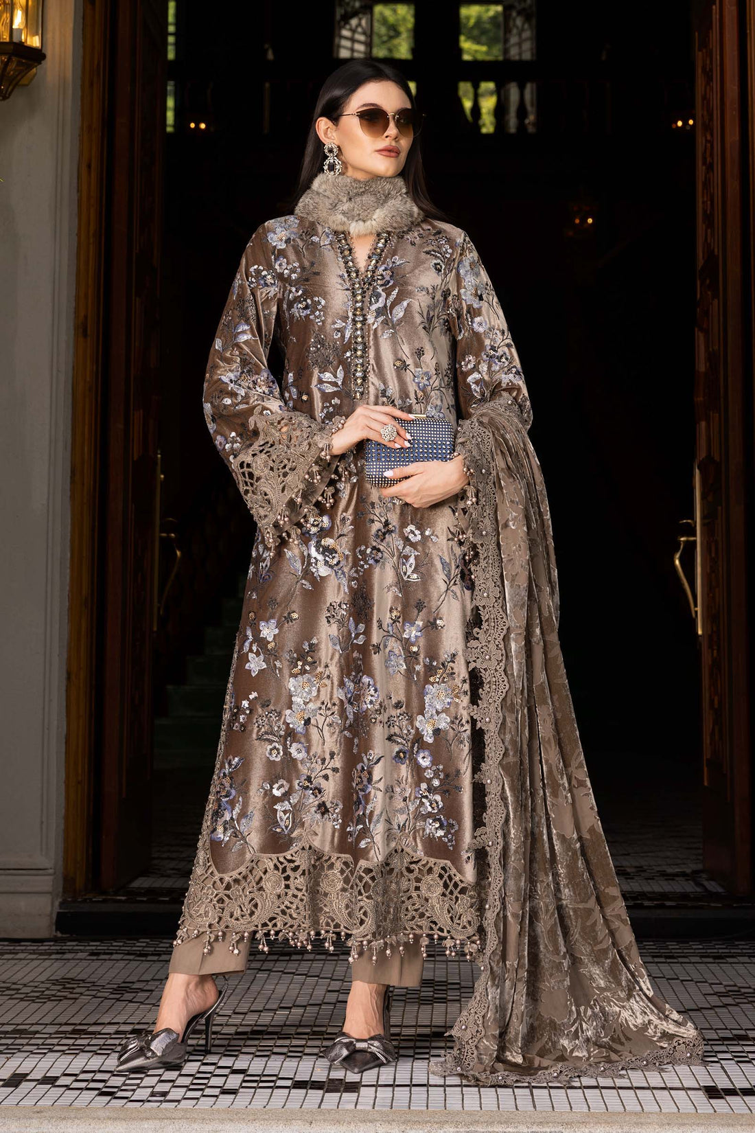 3 Piece Embroidered Velvet Suit - Aqsa Fabrics