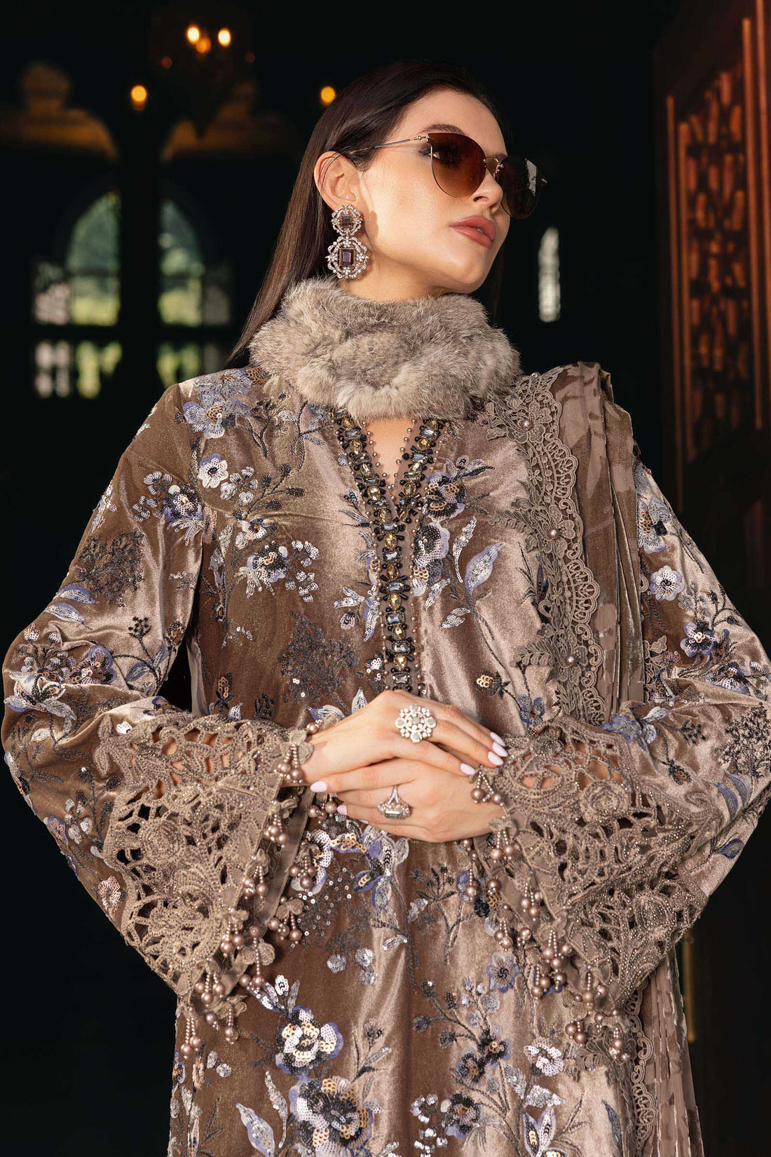 3 Piece Embroidered Velvet Suit - Aqsa Fabrics