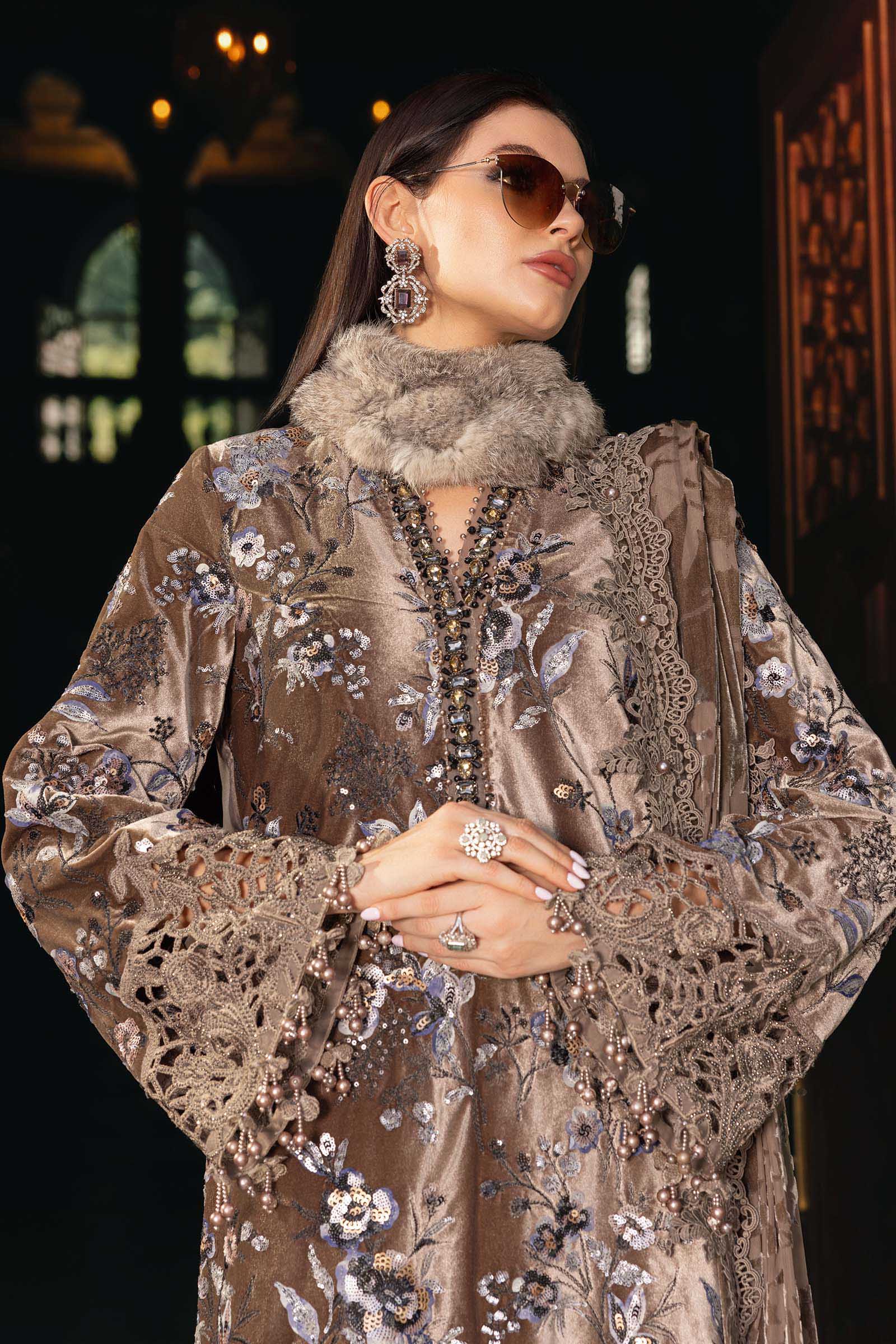 3 Piece Embroidered Velvet Suit - Aqsa Fabrics