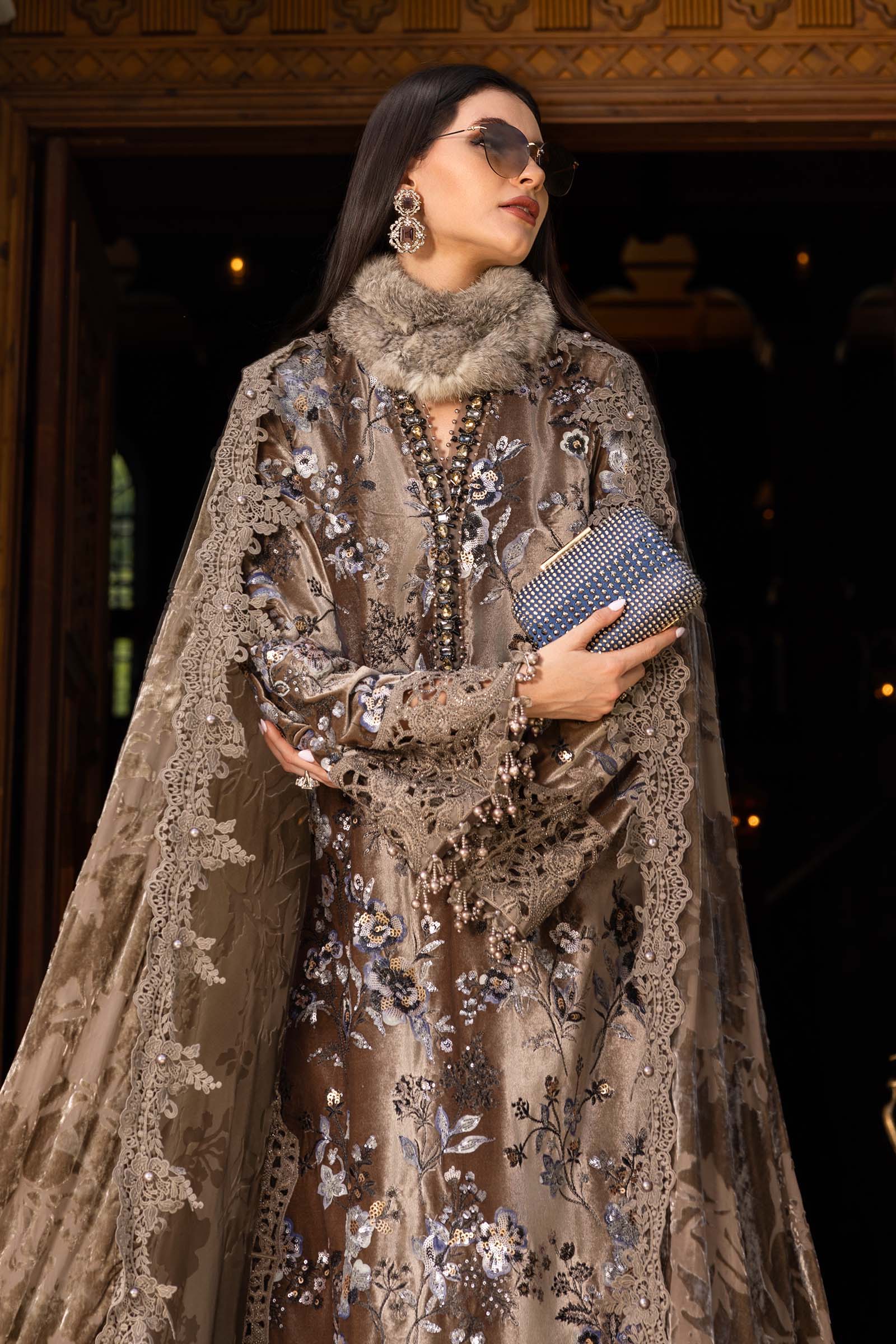 3 Piece Embroidered Velvet Suit - Aqsa Fabrics