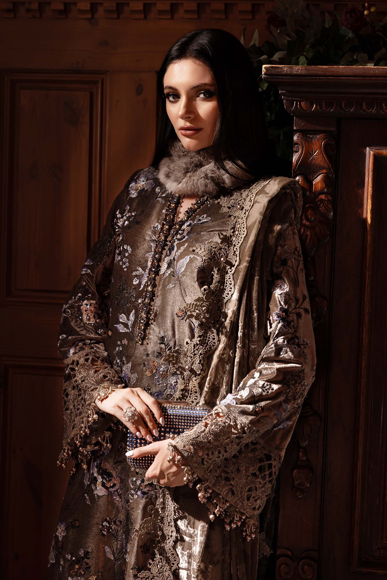 3 Piece Embroidered Velvet Suit - Aqsa Fabrics