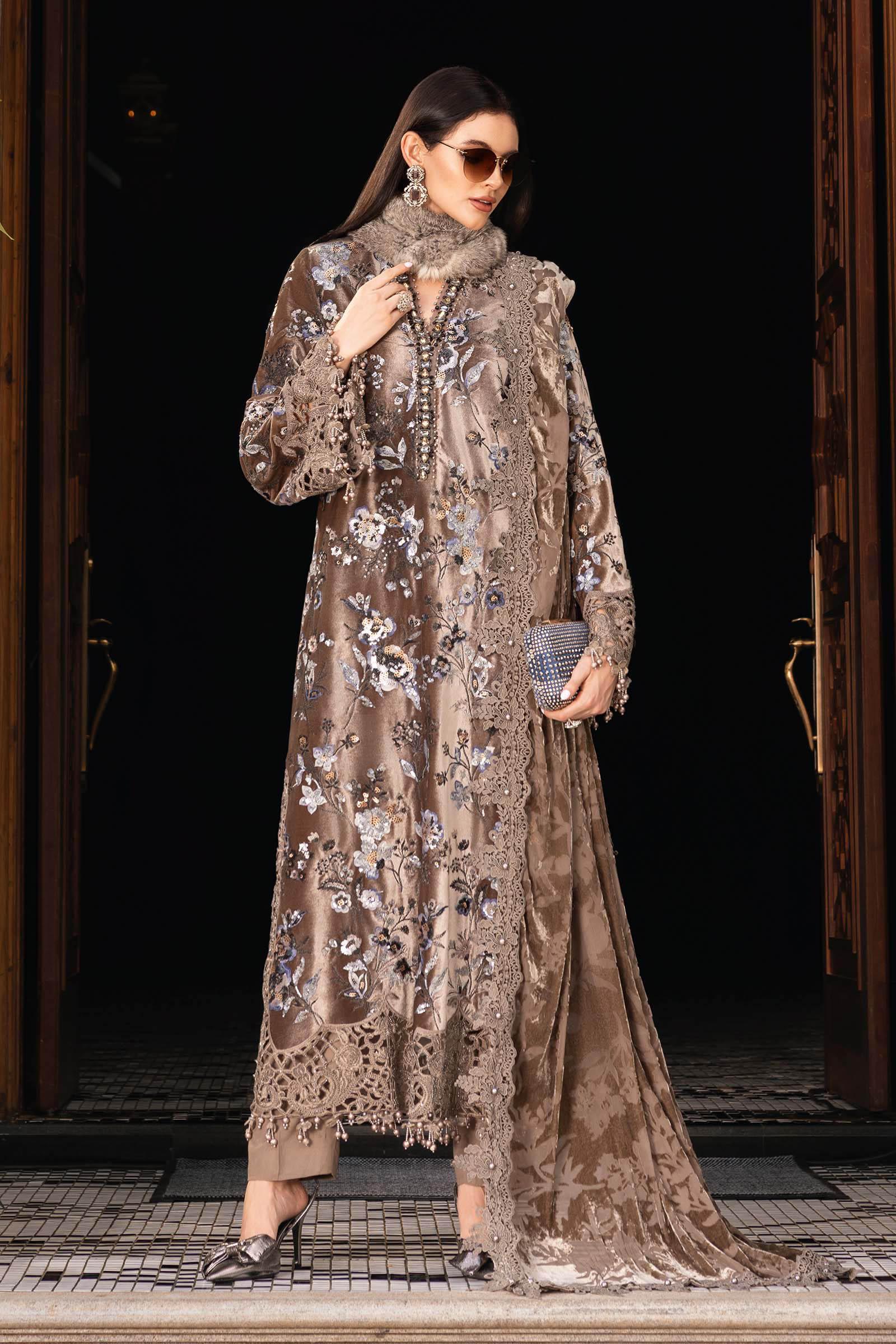 3 Piece Embroidered Velvet Suit - Aqsa Fabrics