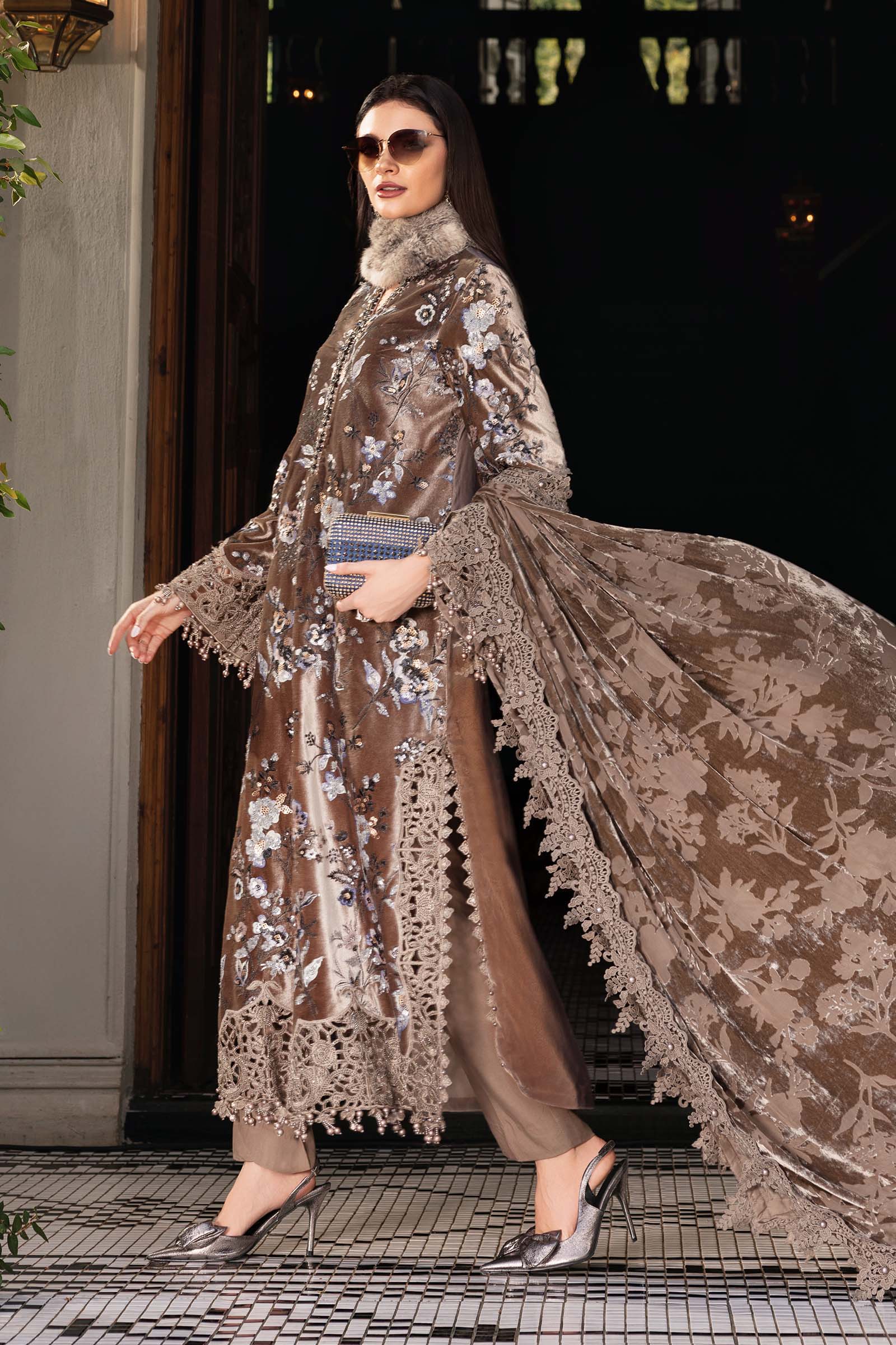 3 Piece Embroidered Velvet Suit - Aqsa Fabrics