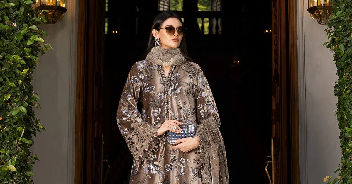 3 Piece Embroidered Velvet Suit - Aqsa Fabrics