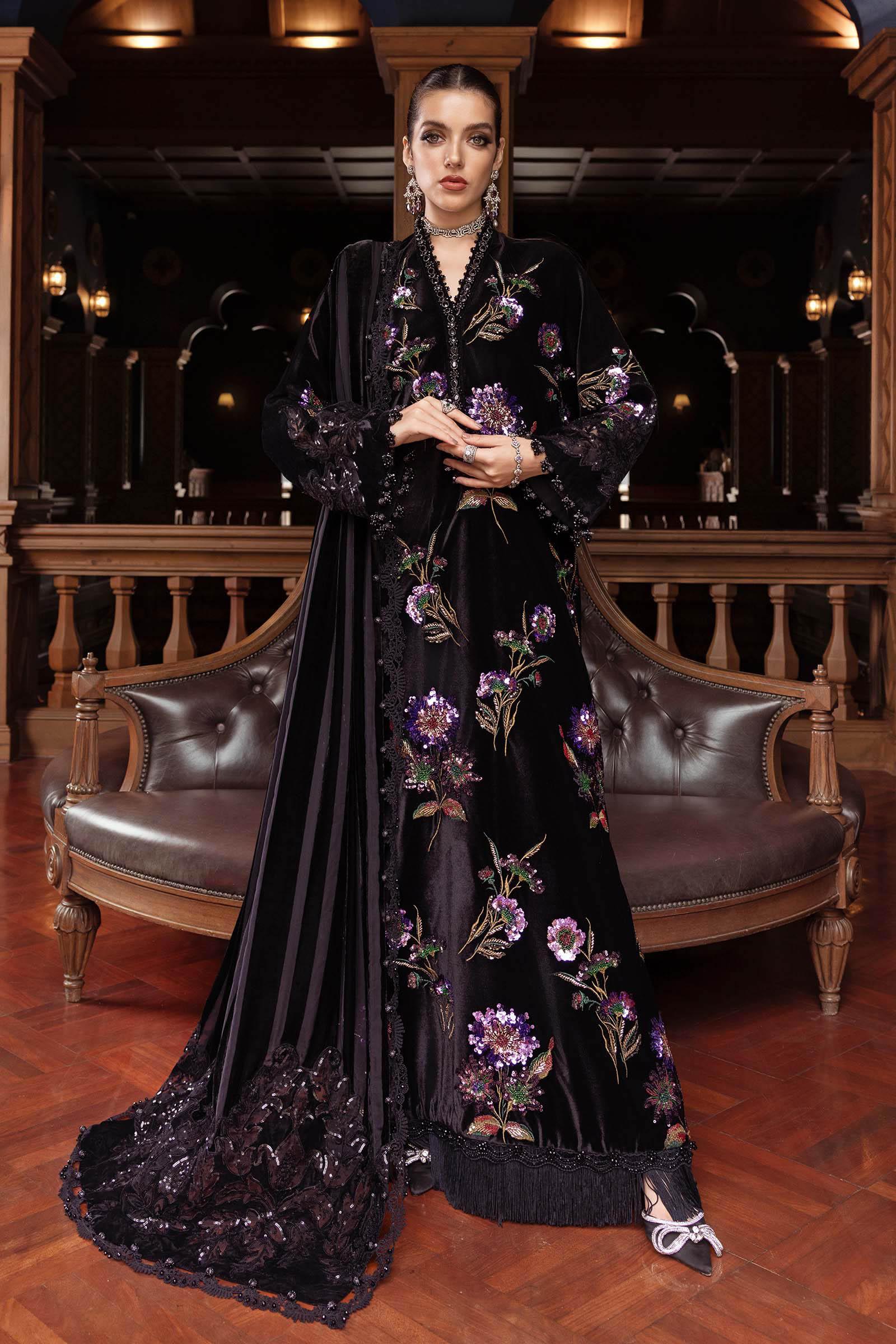 3 Piece Embroidered Velvet Suit - Aqsa Fabrics