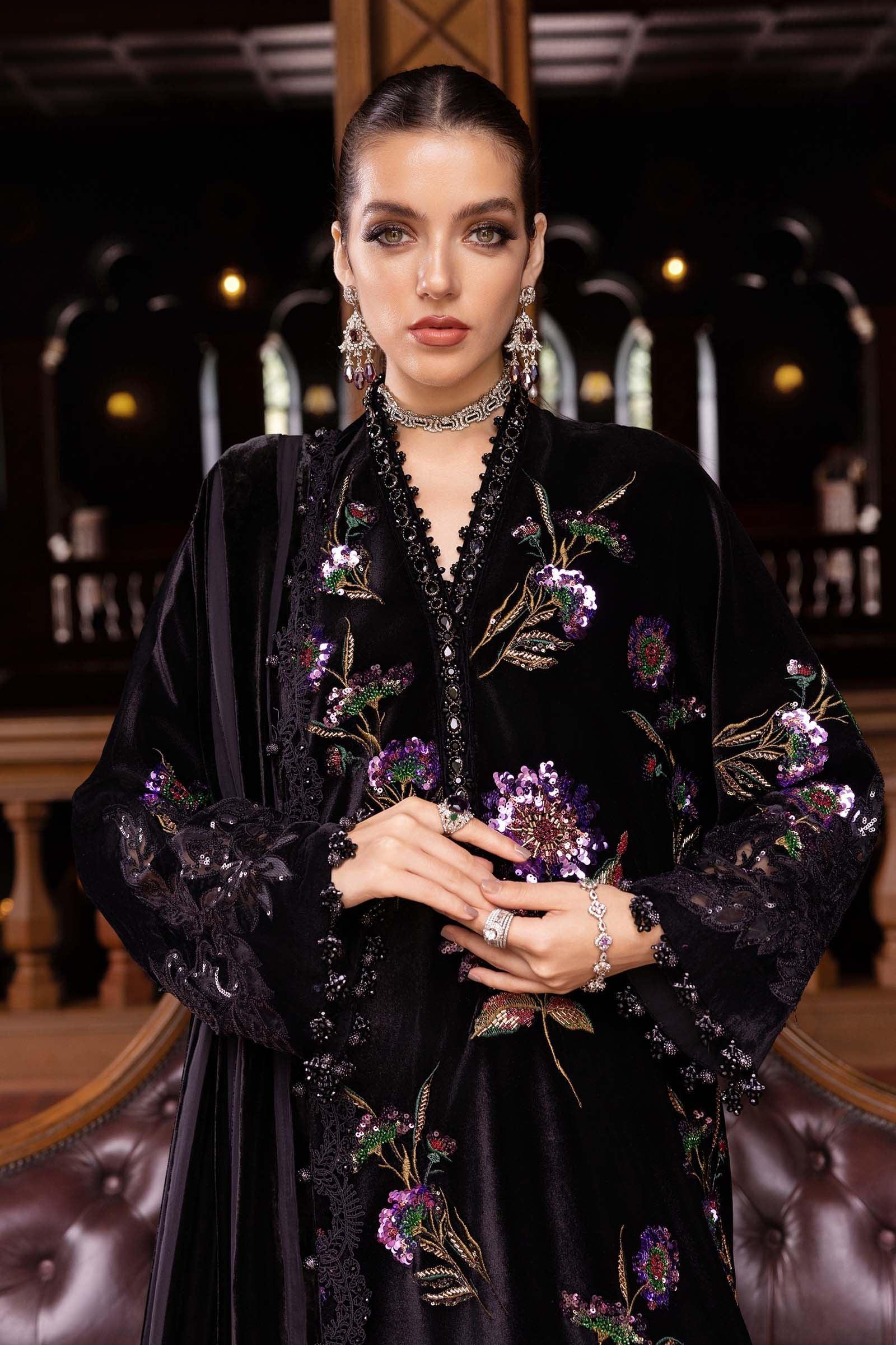 3 Piece Embroidered Velvet Suit - Aqsa Fabrics