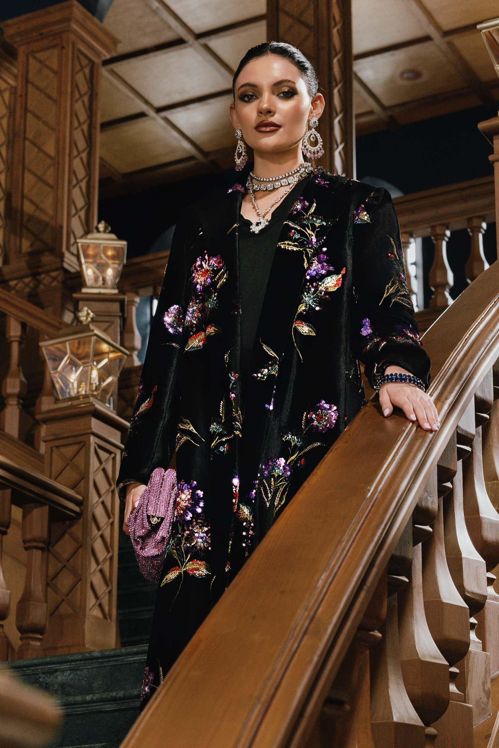 3 Piece Embroidered Velvet Suit - Aqsa Fabrics