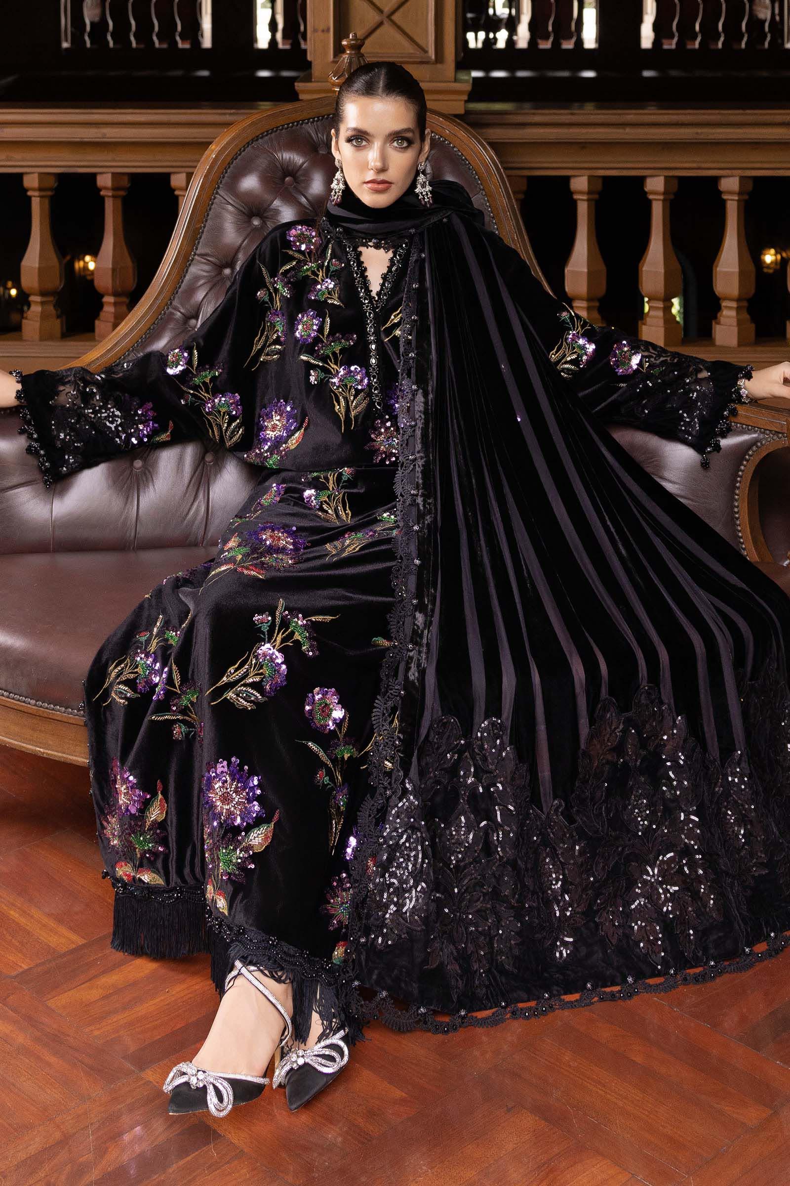 3 Piece Embroidered Velvet Suit - Aqsa Fabrics