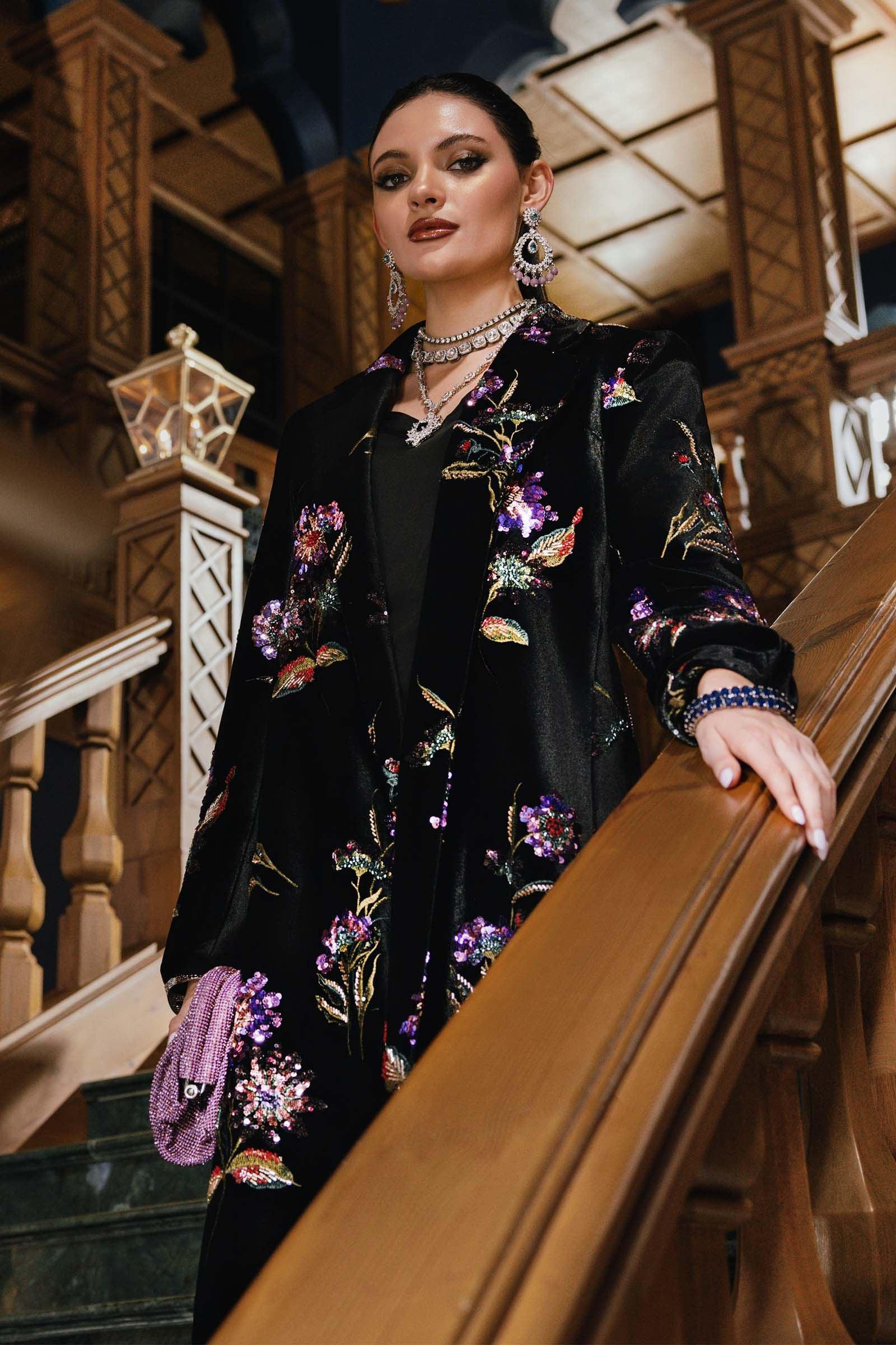 3 Piece Embroidered Velvet Suit - Aqsa Fabrics